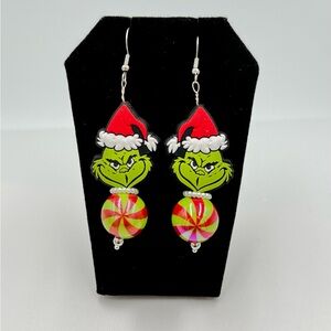 Festive Grinch Earrings with Santa Hat